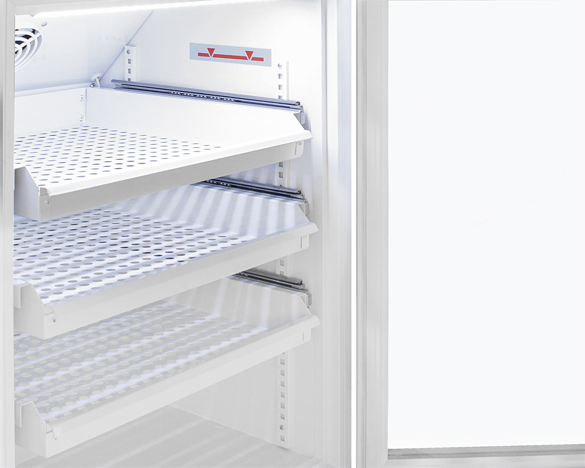 Performance series Med-Lab 6 cu.ft. freestanding glass door ADA height all-refrigerator with three ventilated removable drawers, with antimicrobial silver ion handle and hospital grade cord with 'green dot' plug